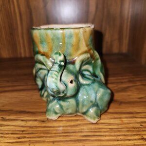 Vintage Green Ceramic Elephant Vase with Unique Trunk Design & Glossy Finish